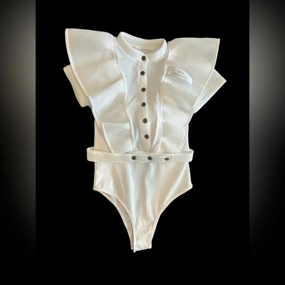 New white butterfly bodysuit with belt from Born in Stockholm. - Picture 1 of 2